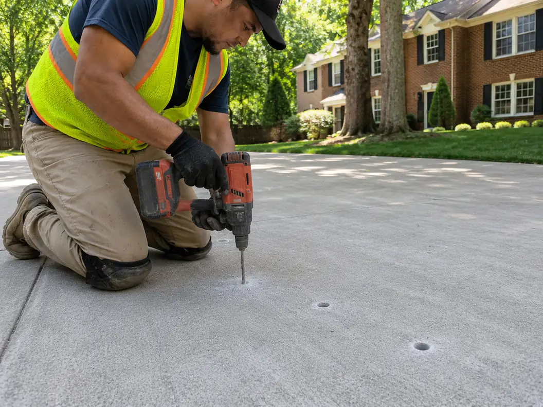 Drilling injection ports to level a concrete slab in Columbia, MD