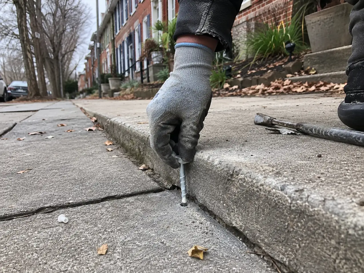 Fixing an uneven sidewalk trip hazard by leveling in Ellicott City, MD